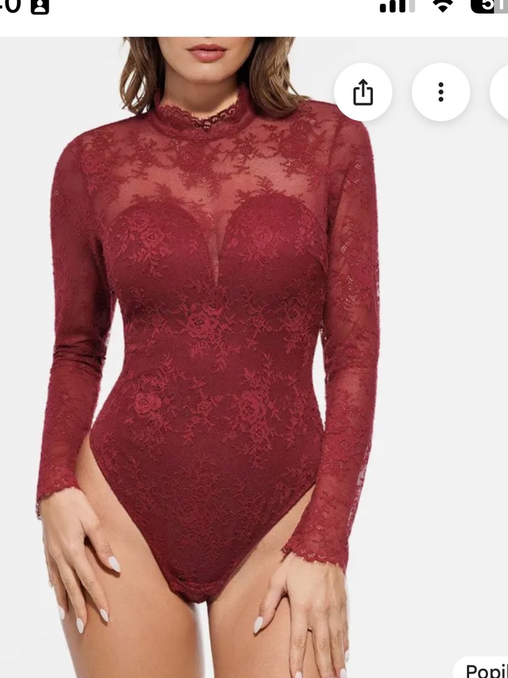 Nwt Popilush Women Popilush Shapewear Mock Neck Long Sleeve Floral Lace Bodysuit